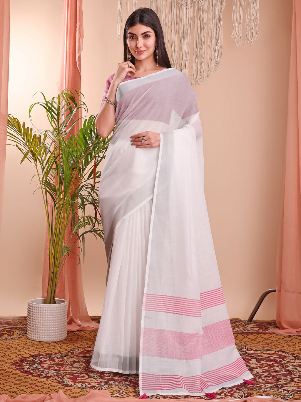 Shree Shyam Fashion The White Loom White Linen Cotton Saree | Grocsy