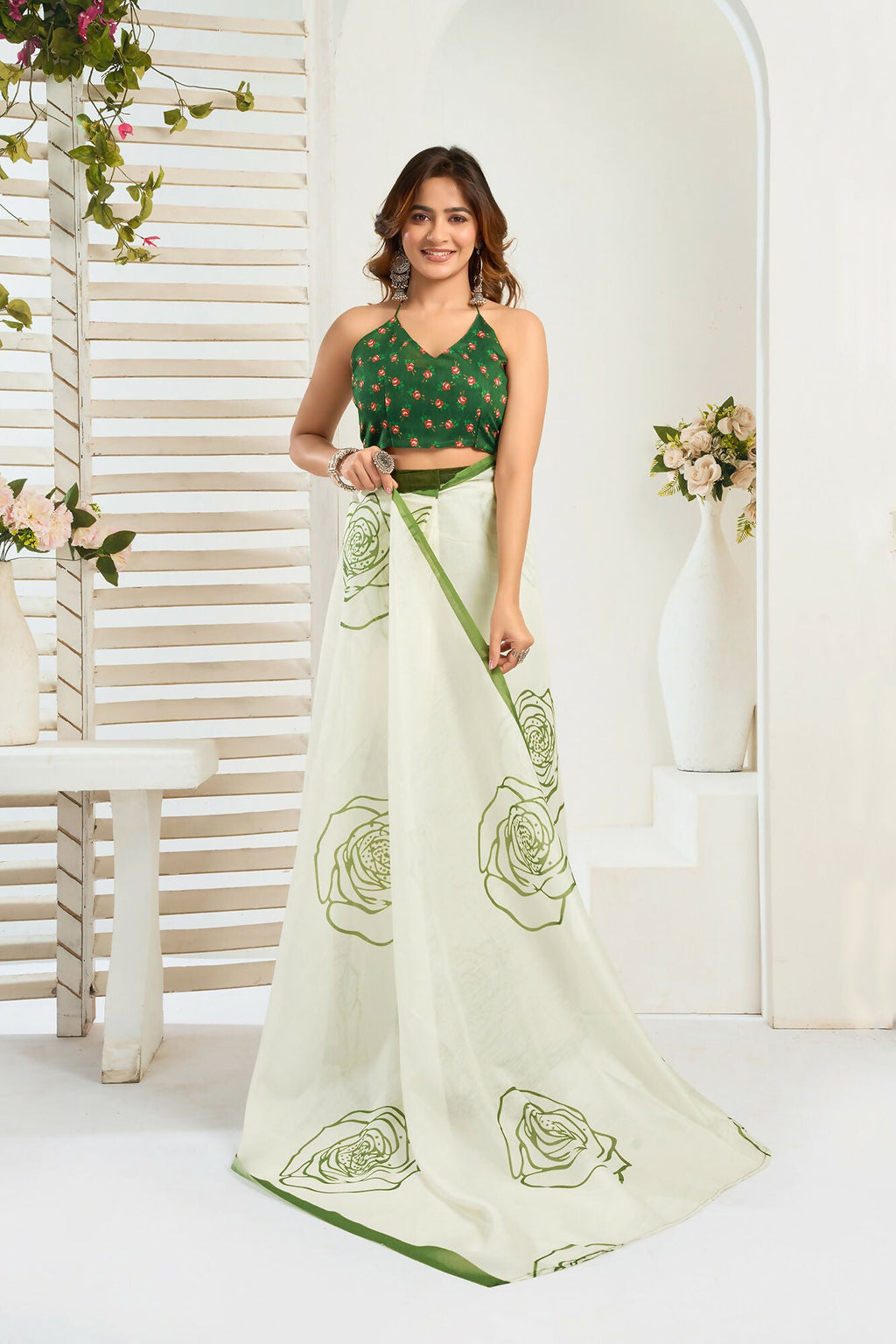 Vastranavya Green Digital Printed Linen Ready To Wear Designer Saree with Unstitched Blouse | Grocsy