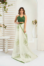 Vastranavya Green Digital Printed Linen Ready To Wear Designer Saree with Unstitched Blouse | Grocsy