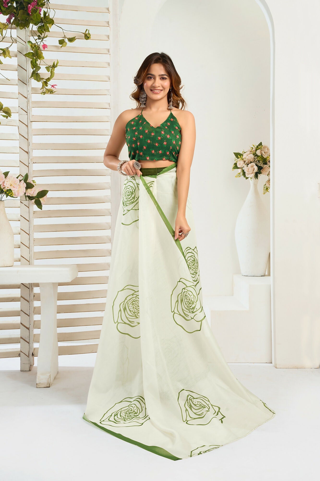 Vastranavya Green Digital Printed Linen Ready To Wear Designer Saree with Unstitched Blouse | Grocsy