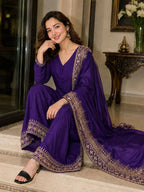 Teeya Creation New Latest Stylish Classic Jambli Festive Kurta Set with Gold Zari Border Palazzo and Dupatta | Grocsy