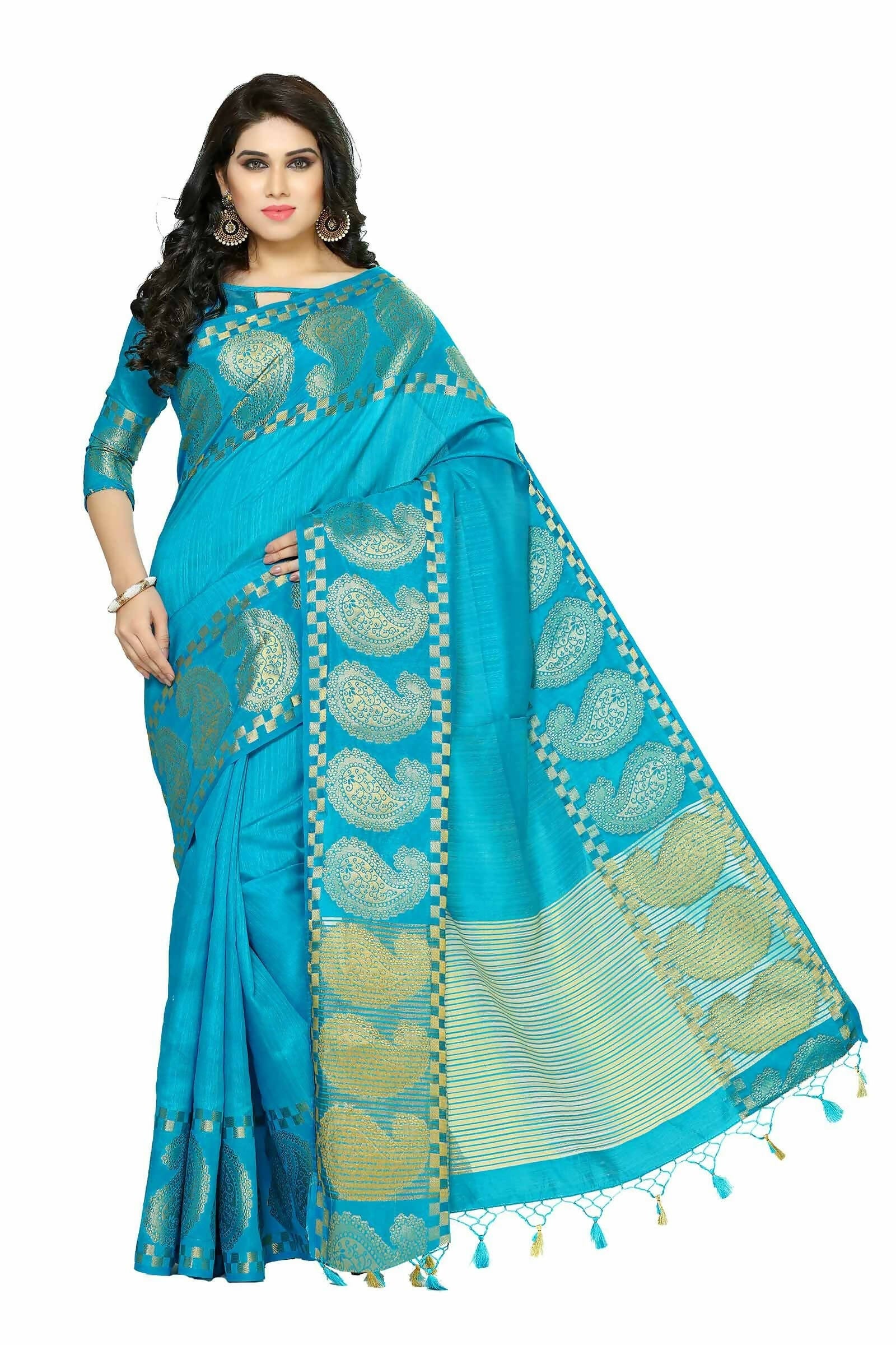 Mimosa Women's Banarasi Tussar Silk Turquoise Blue Saree | Grocsy