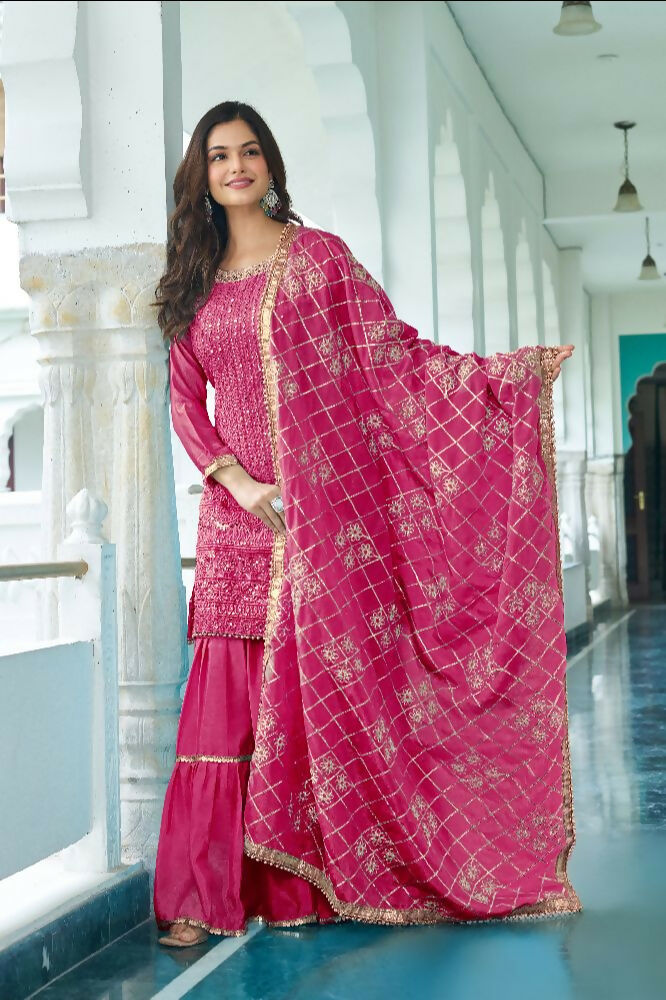 Teeya Creation Pink Colour Chinnon Silk Heavy Embroidery Work Fully Stitched Salwar Suit | Grocsy