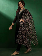Sangria Ethnic Motifs Yoke Design Sequinned V-Neck Straight Kurta With Trouser & Dupatta | Grocsy