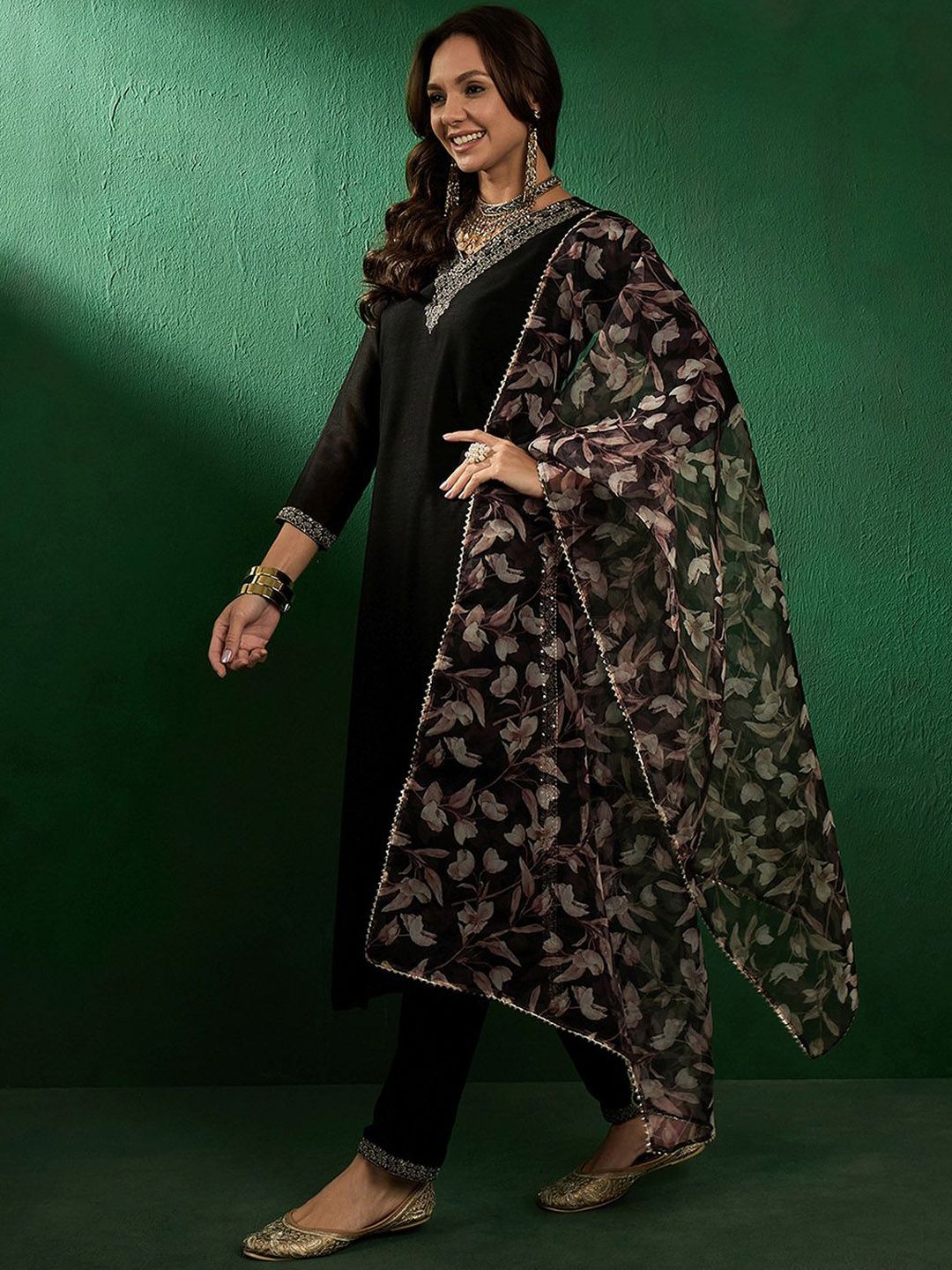 Sangria Ethnic Motifs Yoke Design Sequinned V-Neck Straight Kurta With Trouser & Dupatta | Grocsy