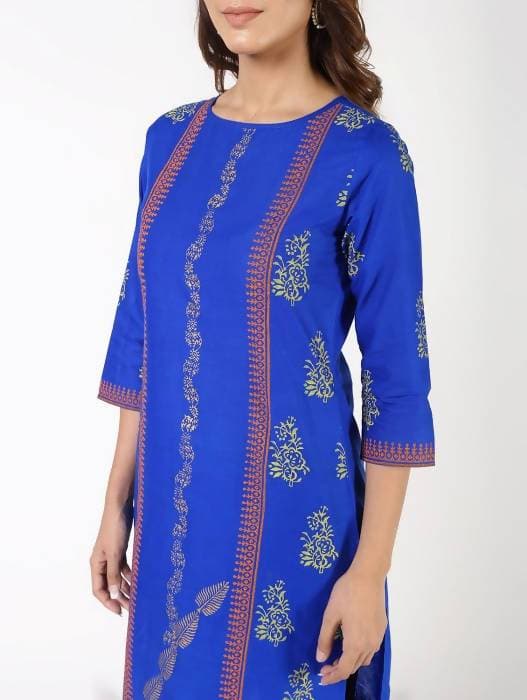 Aniyah Cotton Block Printed Straight Kurta Blue (AN-140K) | Grocsy