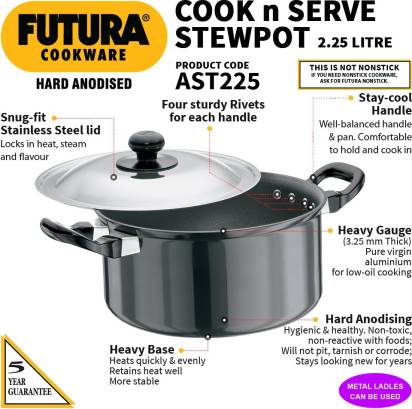 Hawkins Futura Hard Anodized Cook-n-Serve Stewpot 2.25 L with Lid (AST225) | Grocsy