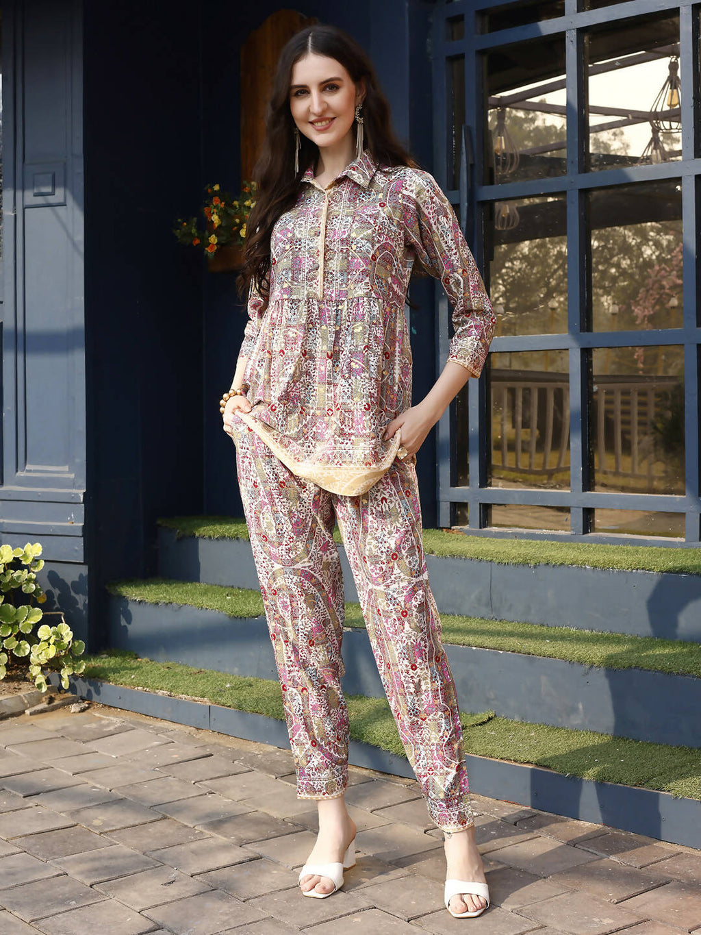 Pink & Beige Rayon Floral Printed Top with Matching Bottom - Eesha | Grocsy
