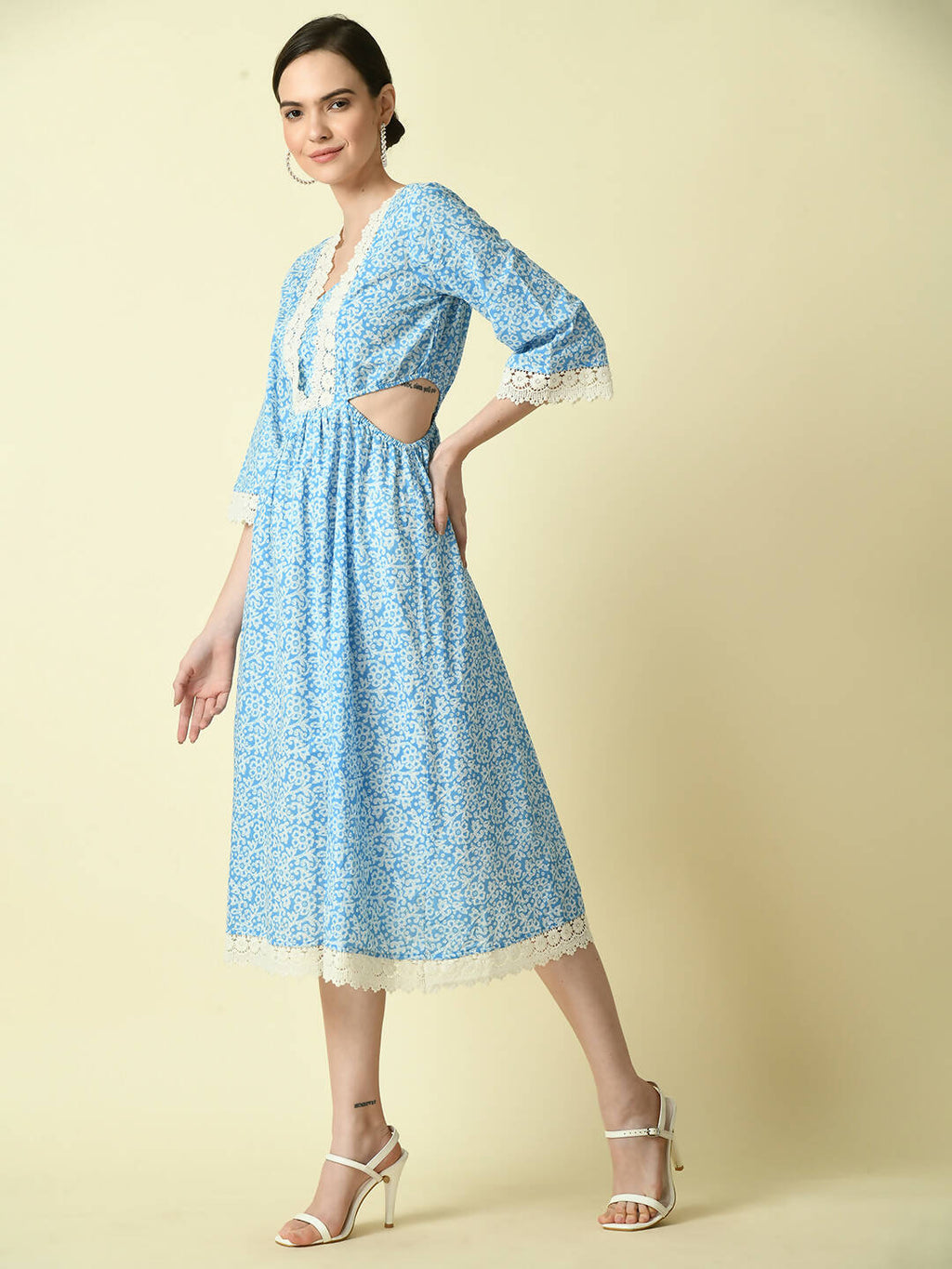 Myshka Women's Blue Floral Printed Fit and Flare Dress | Grocsy