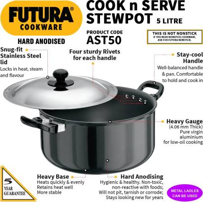 Hawkins Futura Hard Anodised Cook-n-Serve Stewpot 5 L with Lid (AST50) | Grocsy