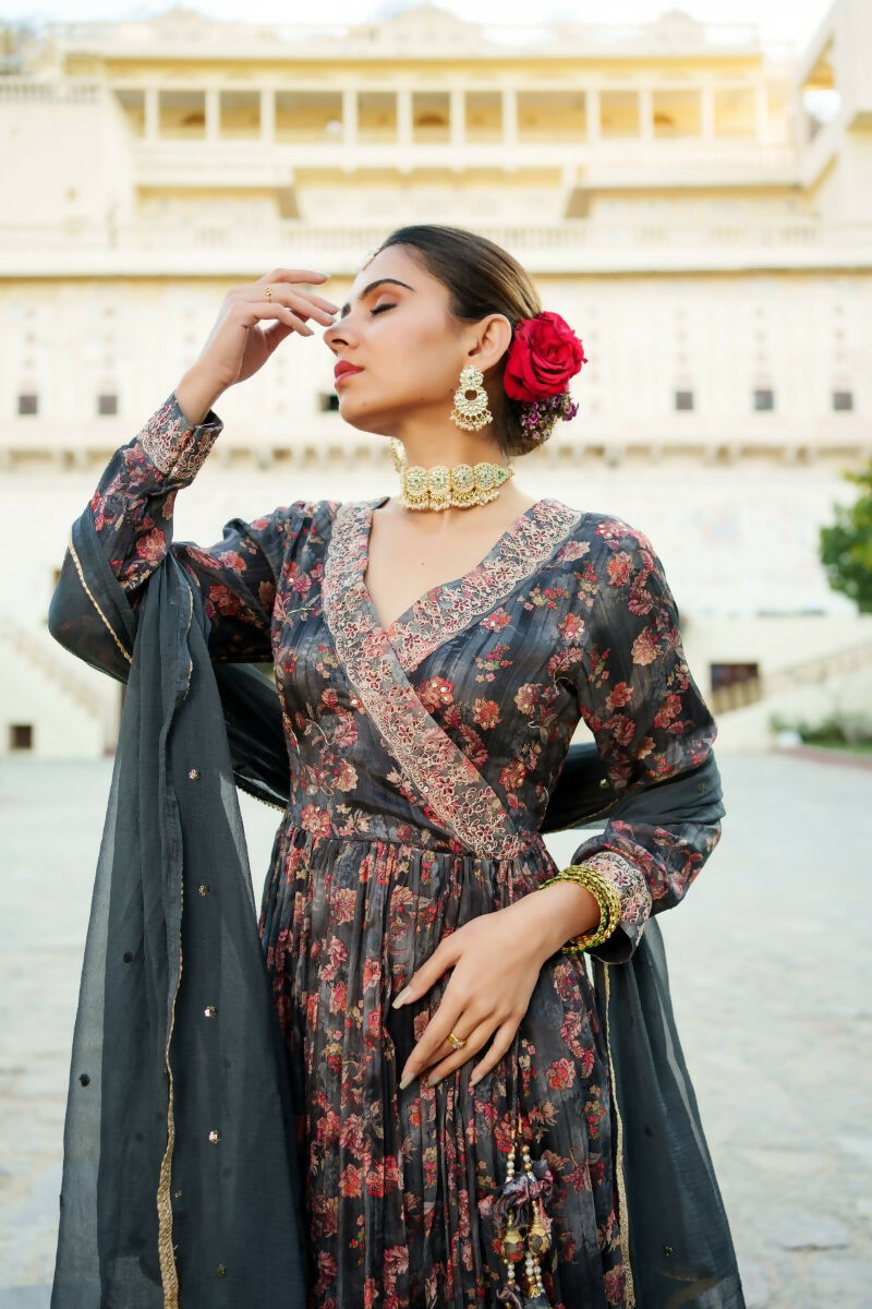 Vaasva Black Chinon Floral Embroidered Angrakha, Pant & Dupatta set | Grocsy