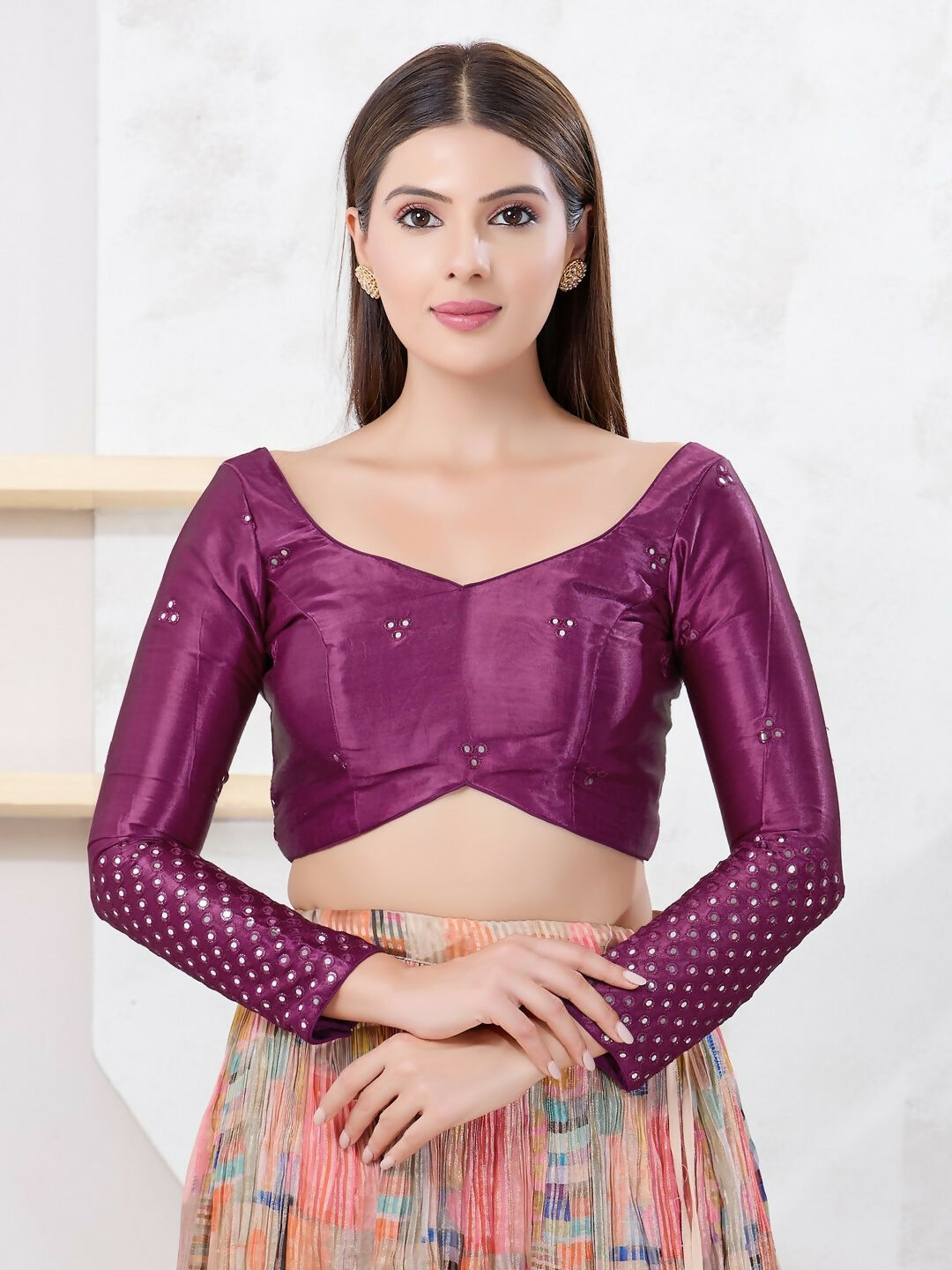 Joban Fashion Magenta Gajji Silk Elbow Sleeveless Back Open Blouse | Grocsy