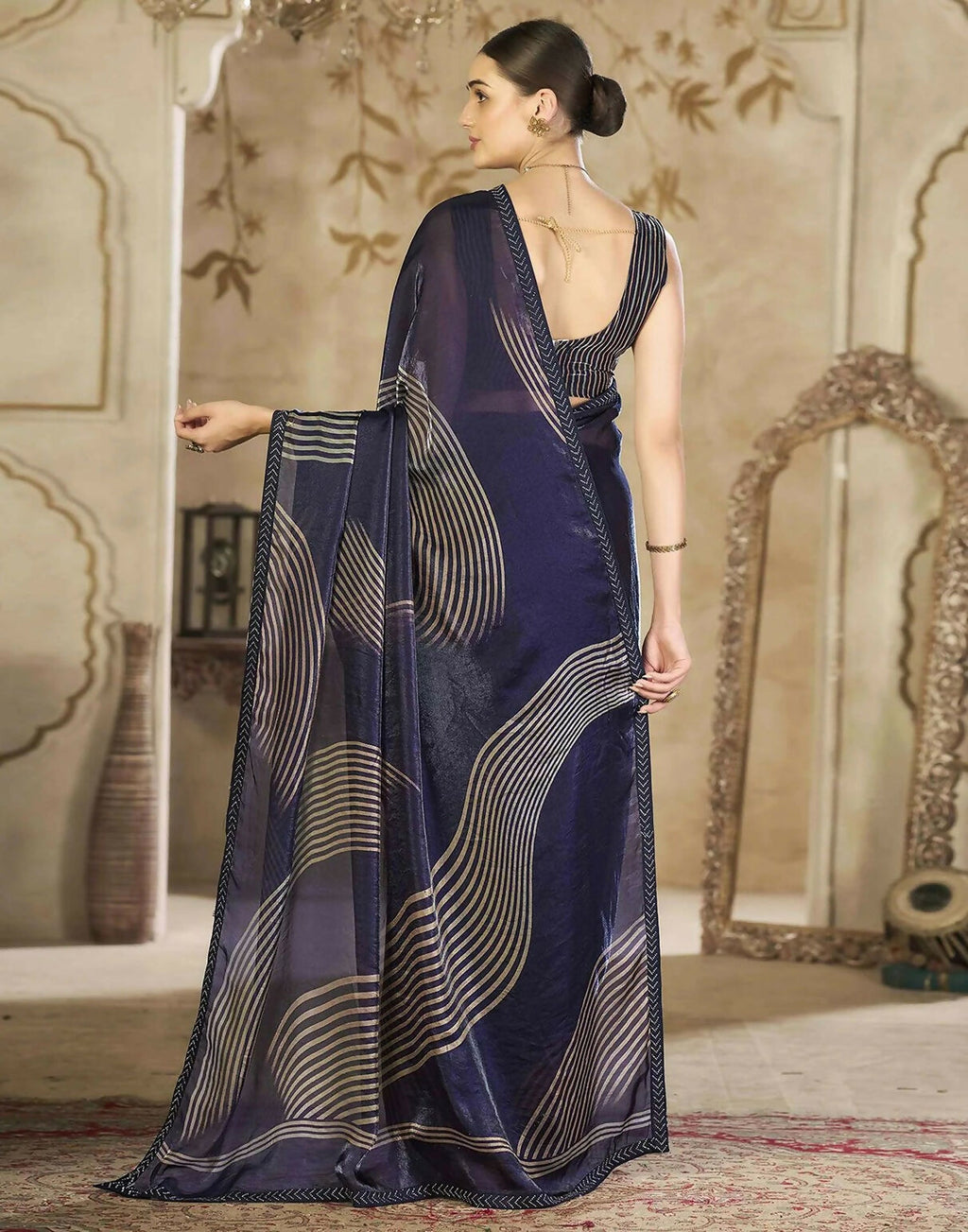 Joban Fashion Satin Organza Navy Blue Swarovski Saree | Grocsy