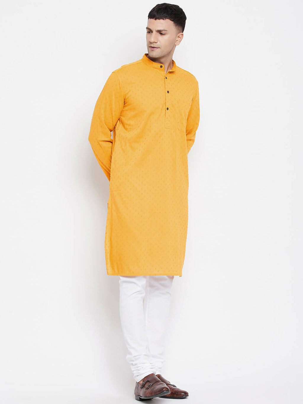 Even Apparels Yellow Color Pure Cotton Men's Kurta With Band Collar | Grocsy