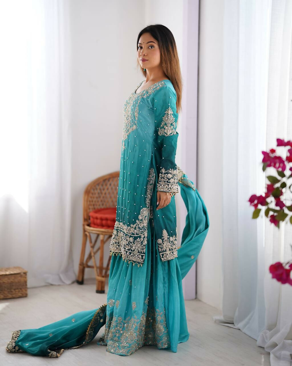 The52 Women's Beautiful Chinon silk Fabric Embroidery Work Straight Kurta Palazzo and Dupatta Set | Grocsy