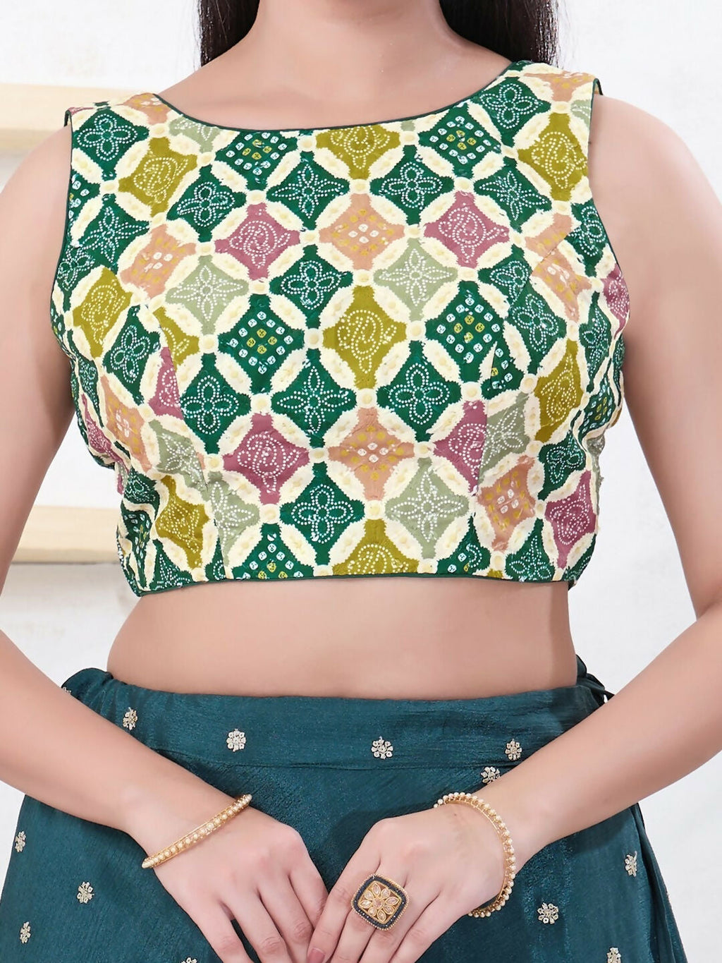 Joban Fashion Green Bandhani Sleeveless Back Open Blouse | Grocsy