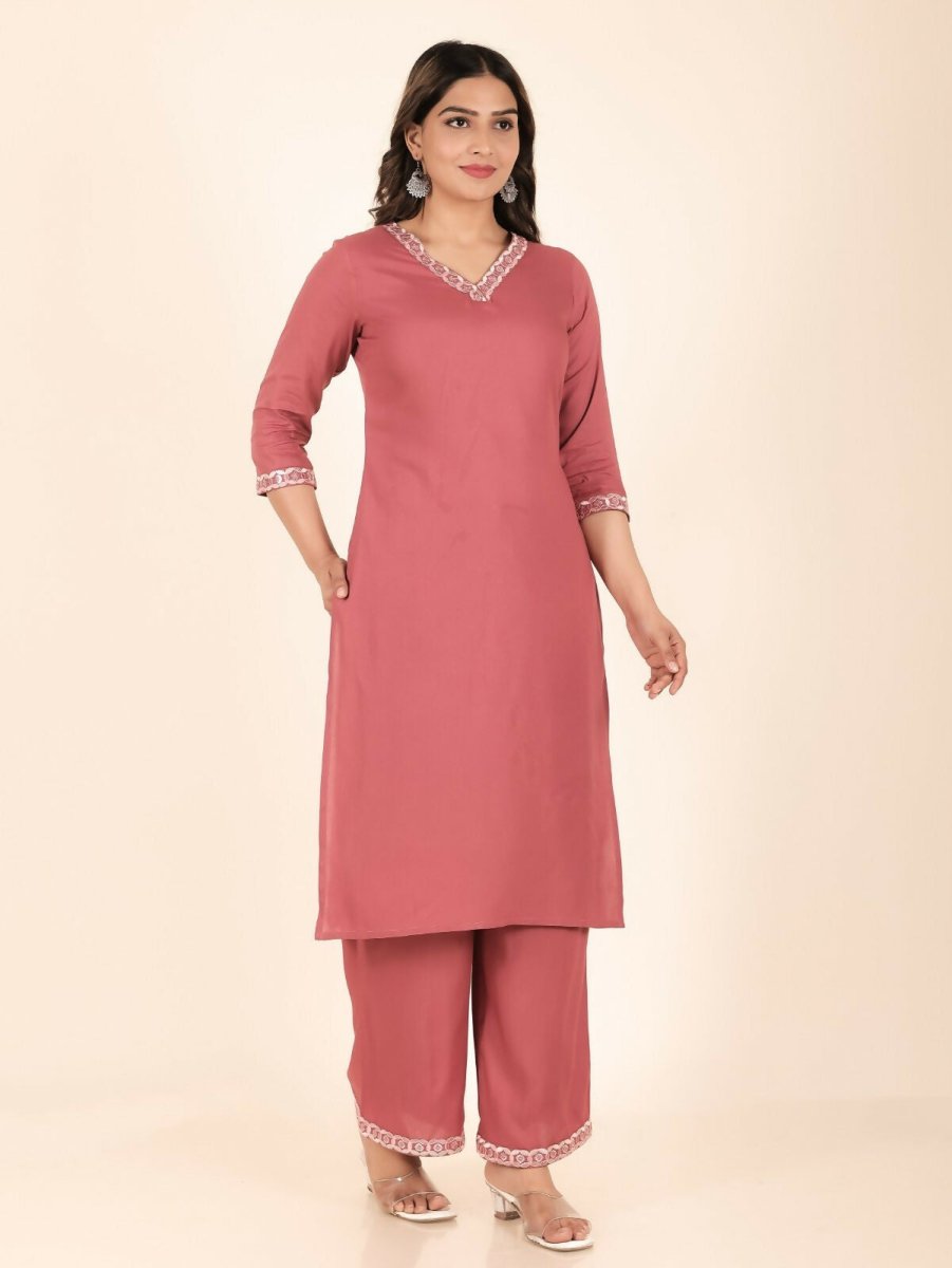 Aramya Pink Rayon Solid Print Straight Kurta Palazzo Set for Women | Grocsy