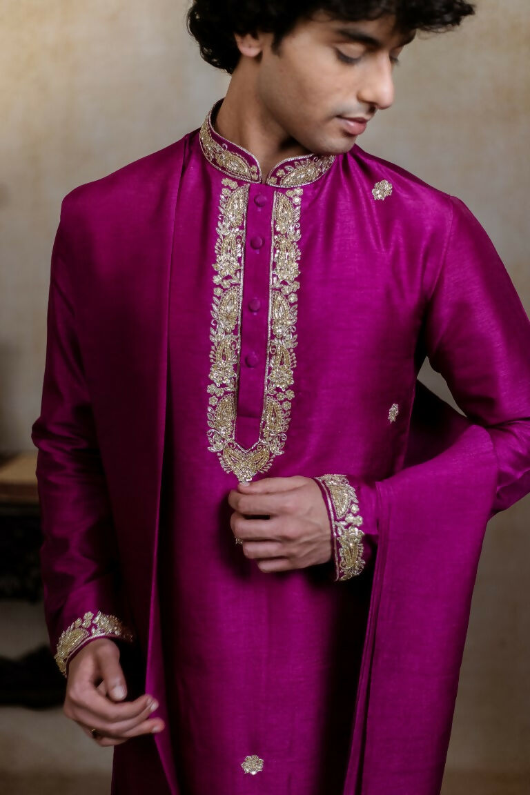 Falling Raw Silk Magenta Perple Rajyog Kurta Set By Hilo Design | Grocsy