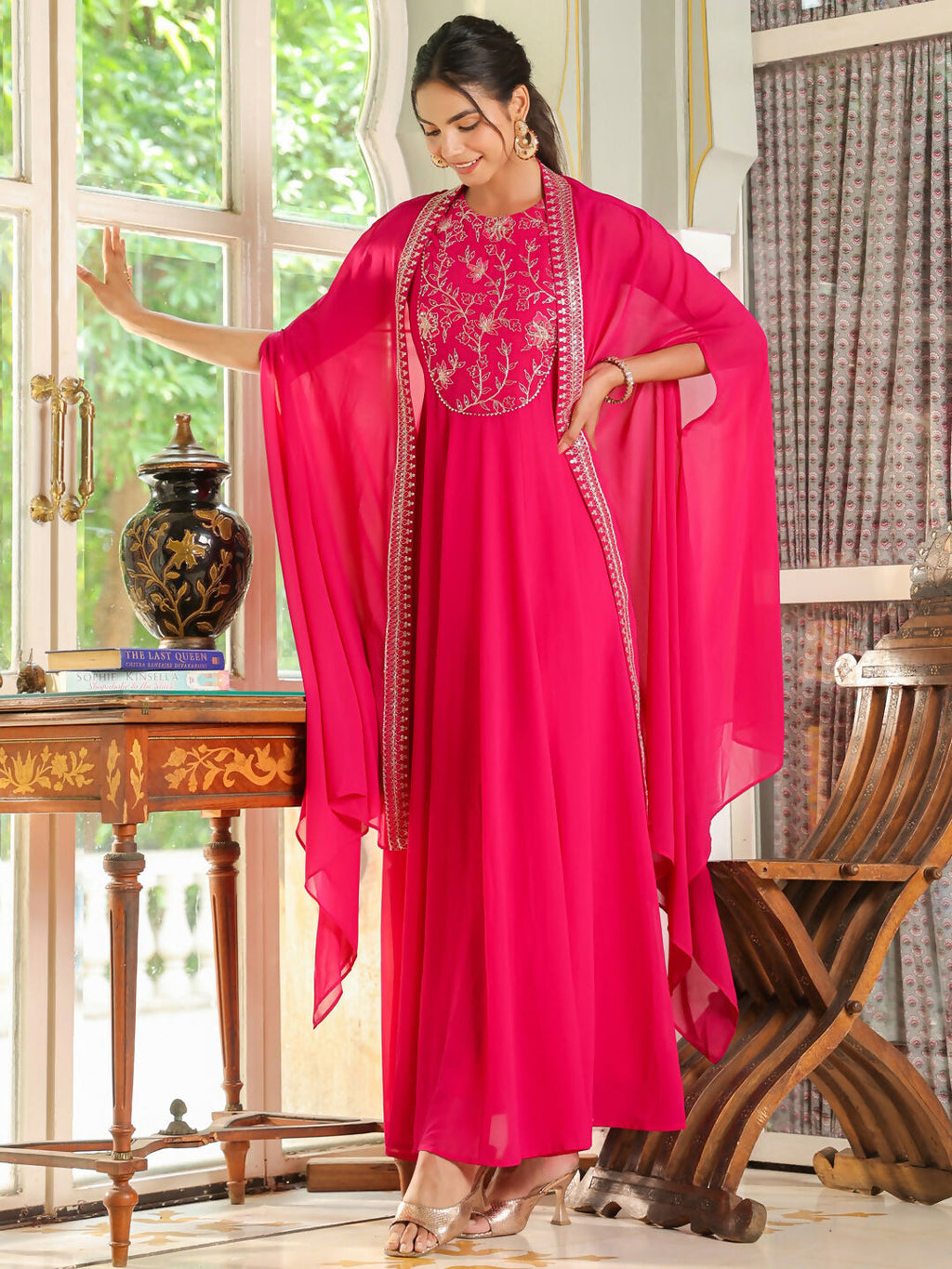 Janasya Pink Georgette Embroidered Dress & Cape | Grocsy