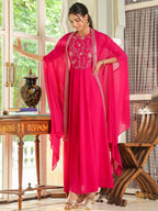 Janasya Pink Georgette Embroidered Dress & Cape | Grocsy