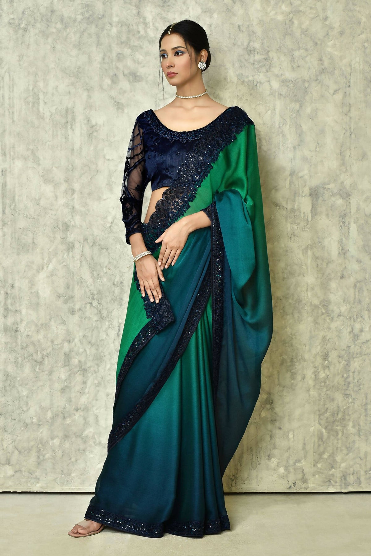 Green & Blue Silk Plain Saree with Blouse Piece - Purvi | Grocsy