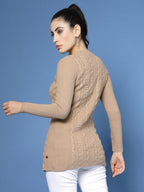 Women Self Design Camel Brown Acrylic Winter Cardigan - Wool Trees | Grocsy