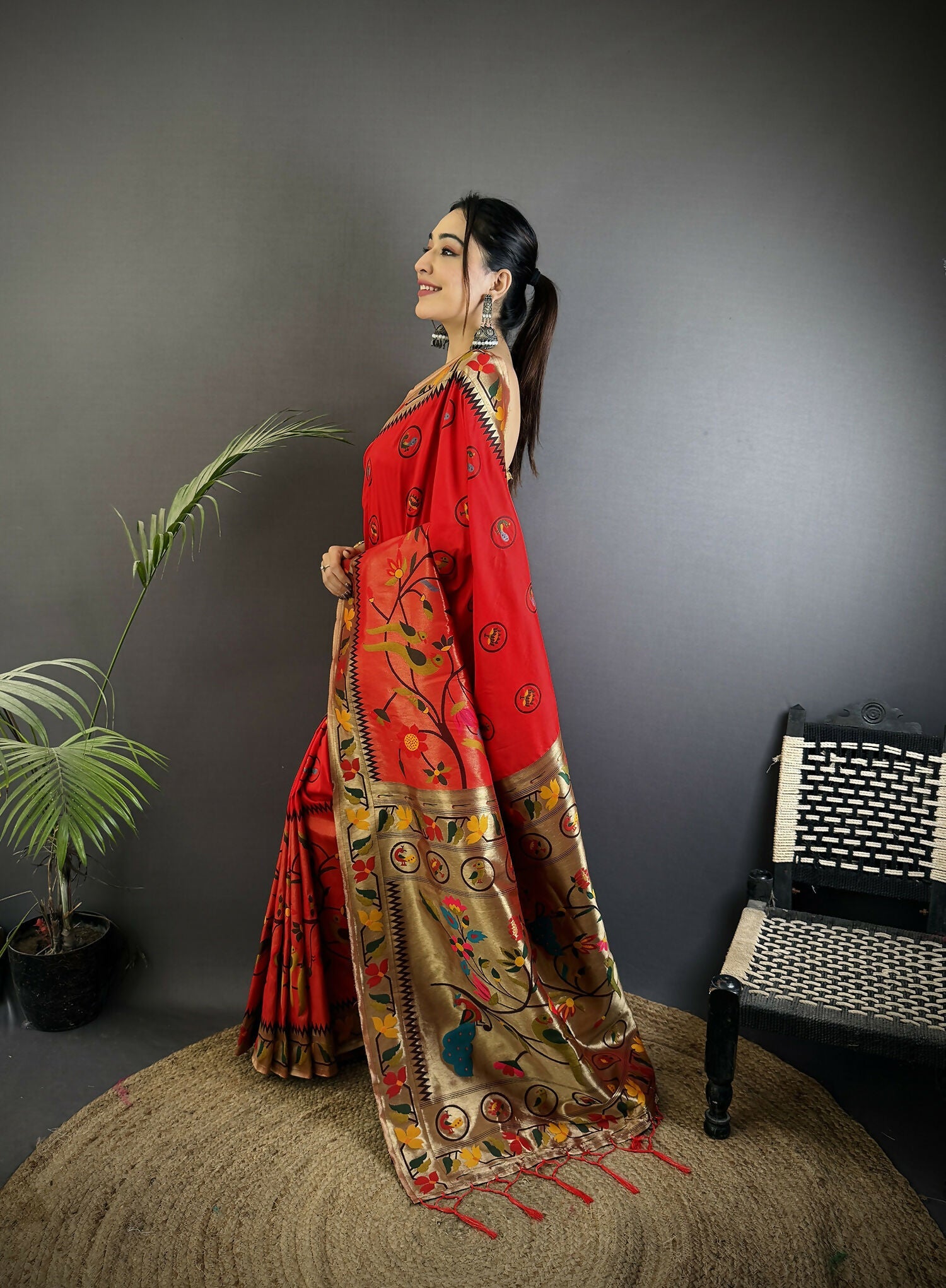 Joban Fashion Red Paithani Soft Silk Meenakari Saree | Grocsy