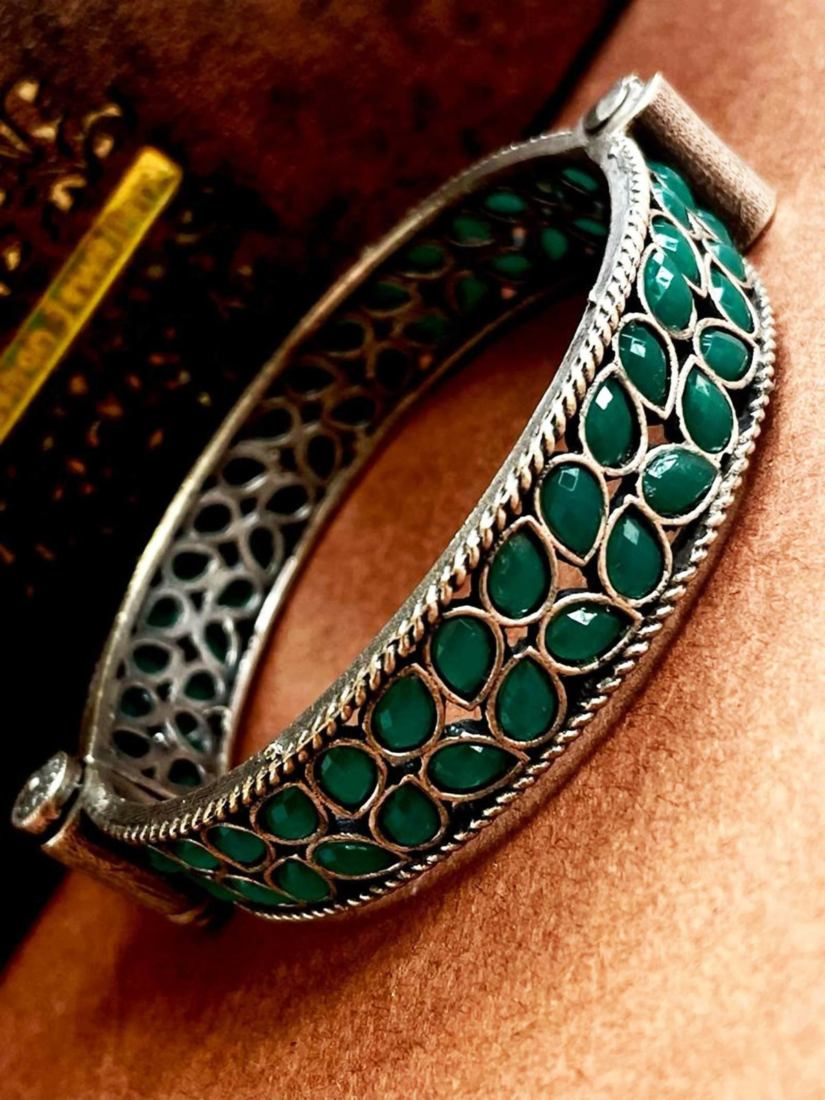 Joban Fashion Green Brass Oxidized Ethnic Openable Kada | Grocsy