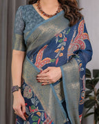 PR Fashion Blue Pure Handloom Linen Saree | Grocsy