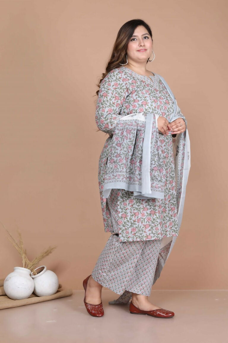 Miravan Women's Plus Size Blue Floral Printed Gota Patti Cotton Kurta With Palazzo And Dupatta Set | Grocsy