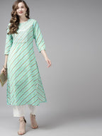 Yufta Women Sea Green Bandhani Striped Regular Sequined Pure Cotton Kurta with Palazzo | Grocsy