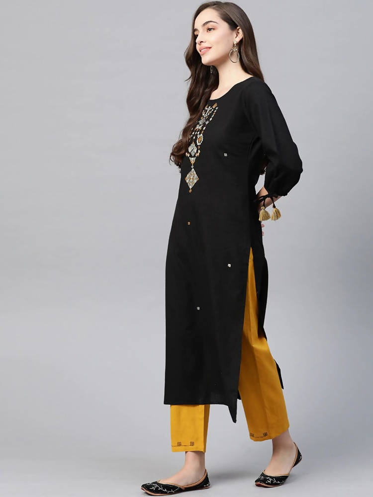 Yufta Women Black Ethnic Motifs Embroidered Pure Cotton Kurta with Trouser | Grocsy