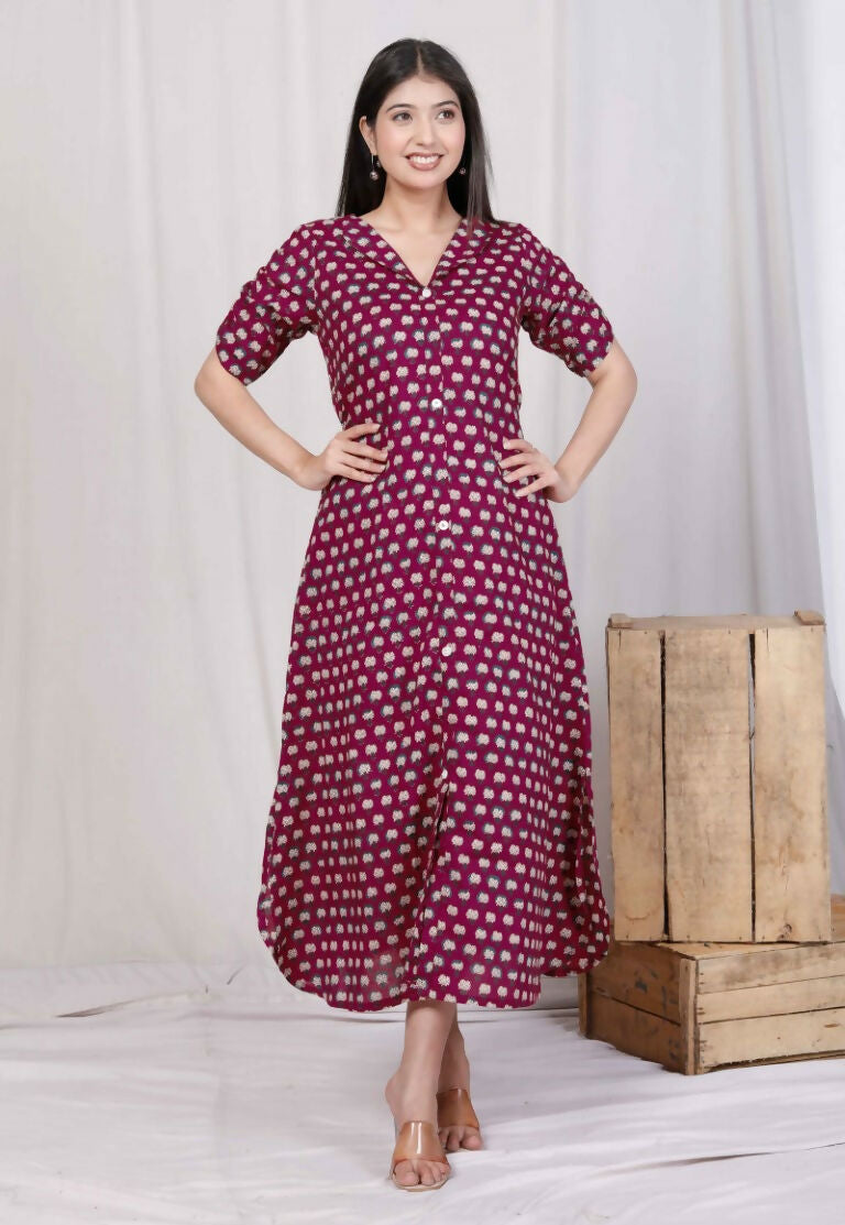 Miravan Women's Relaxed Fit Red Floral Printed A-Line Pure Cotton Midi Dress | Grocsy