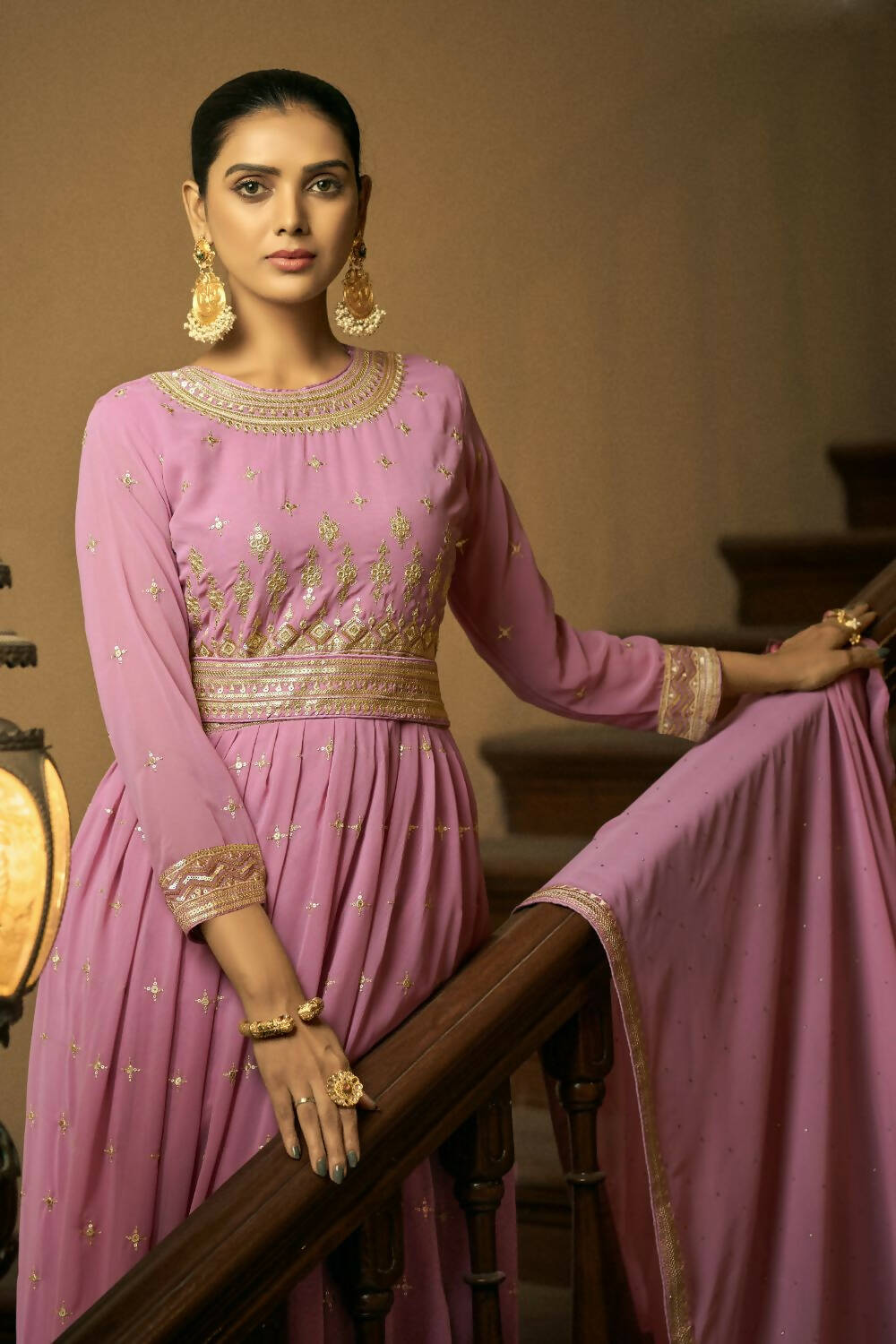 Lavender Heavy Faux Georgette Anarkali Embroidered Kurta Set - Dhvani | Grocsy