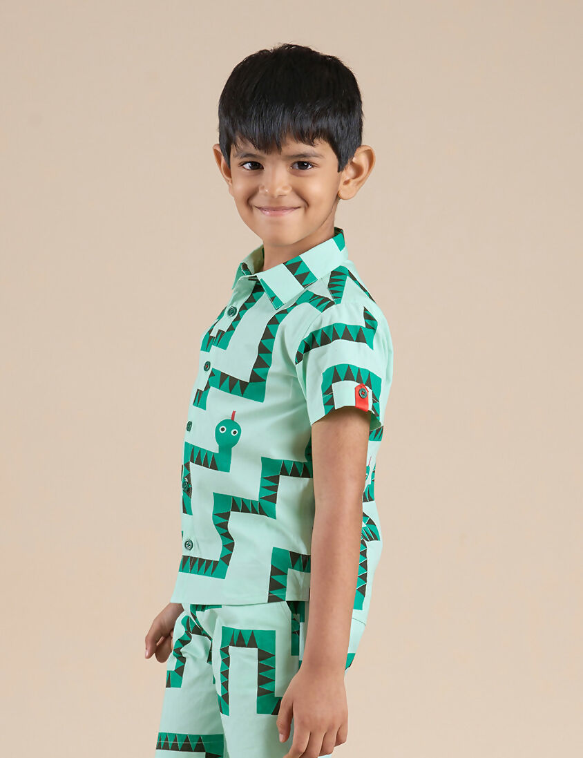 Snakes and Ladders Boys Green Table Print Shirt from Siblings Collection | Grocsy