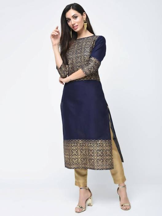 Aniyah Cotton Block Printed Navy Blue Latest Straight Kurta (AN-133K) | Grocsy