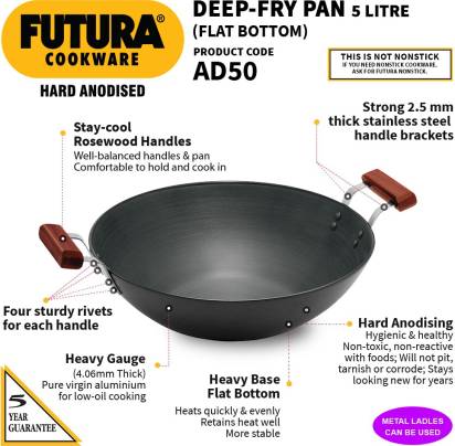 Hawkins Futura Hard Anodised Deep Fry Pan Flat Bottom Kadhai 5 L (AD50) | Grocsy