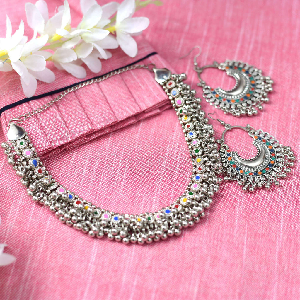 Mominos Fashion Johar Kamal Oxidised Silver-Plated Meena Work Choker Set | Grocsy