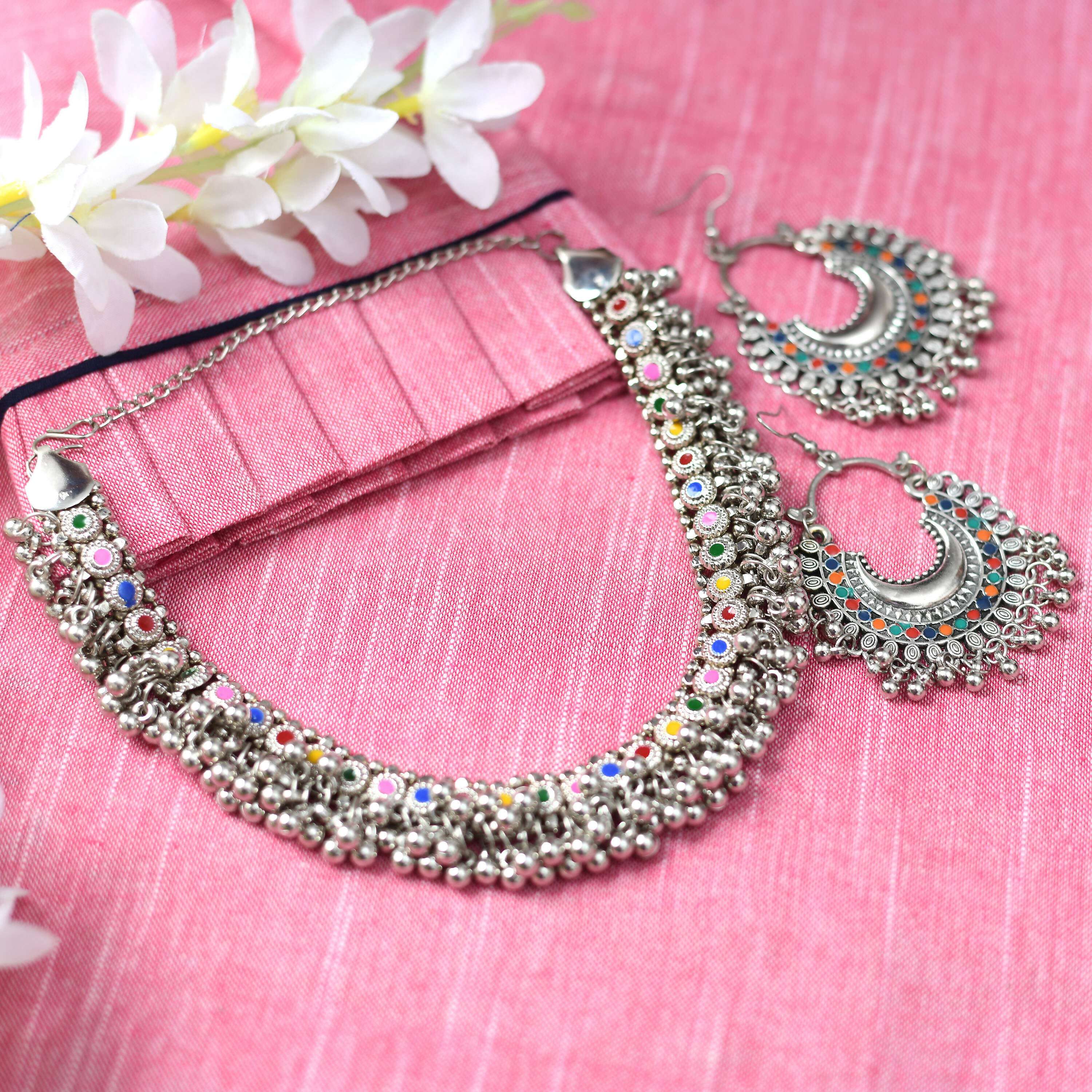 Mominos Fashion Johar Kamal Oxidised Silver-Plated Meena Work Choker Set | Grocsy