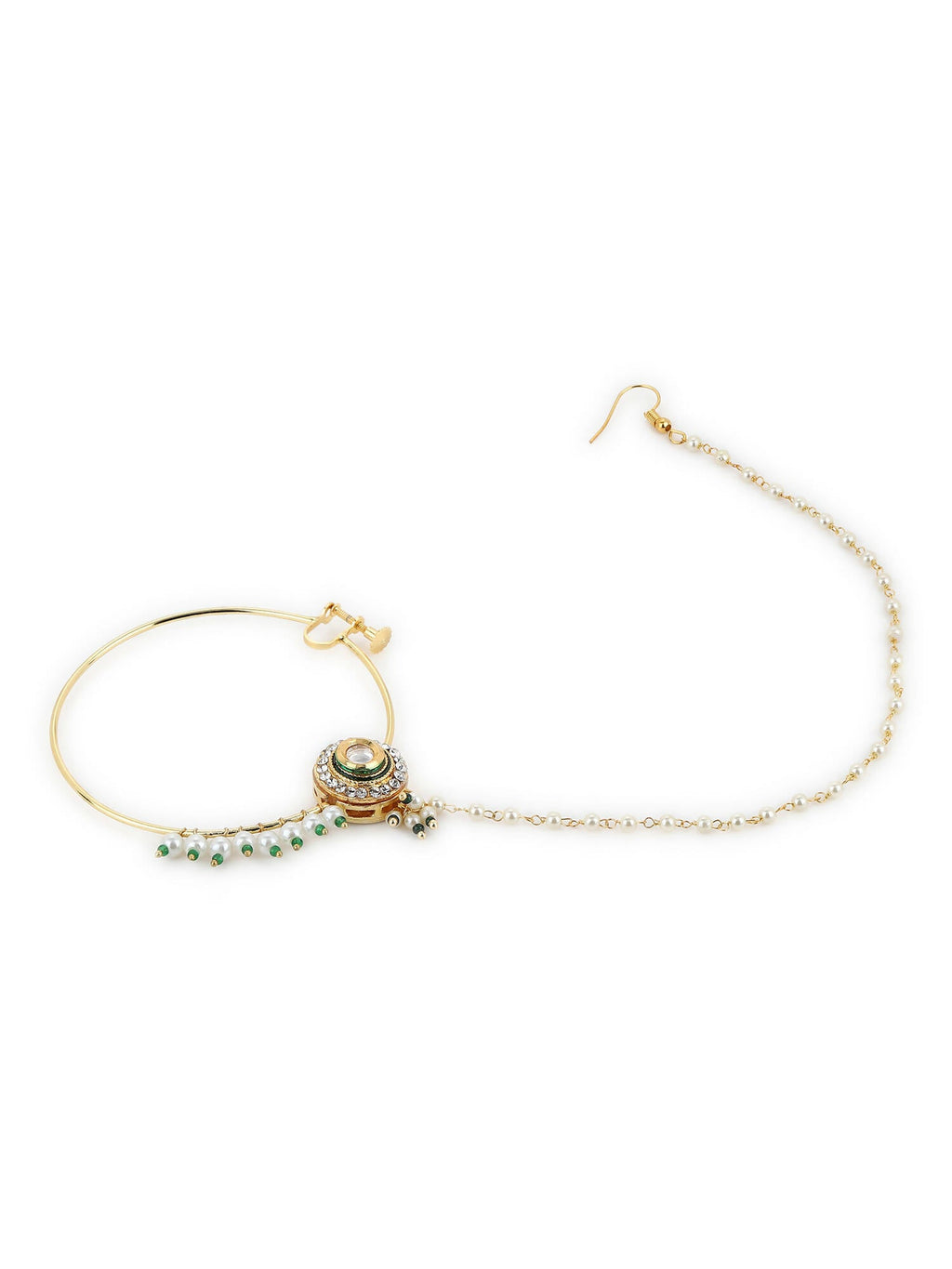Gold-Polished White Green Kundan-Studded Pearl Beaded Nosepin - Ruby Raang | Grocsy