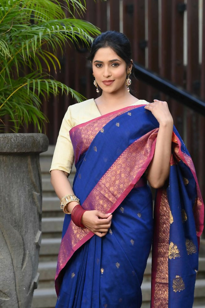 Beatitude Blue Cotton Banarasi Saree | Grocsy