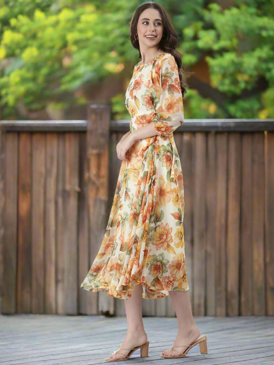 Souchii Cream Floral Chiffon Dress | Grocsy