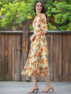 Souchii Cream Floral Chiffon Dress | Grocsy