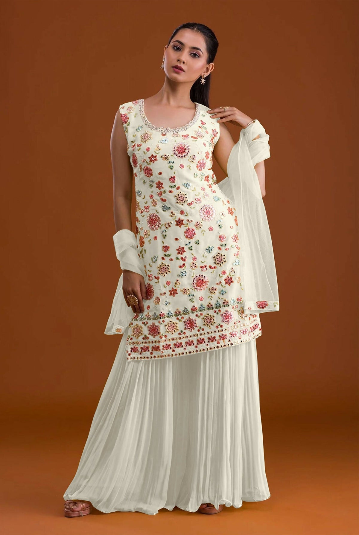 Anaita White Georgette Suit with Embroidered Multi Work | Grocsy