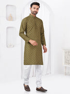 Joban Fashion Men's Rayon Cotton Olive Printed Kurta Pyjama set | Grocsy