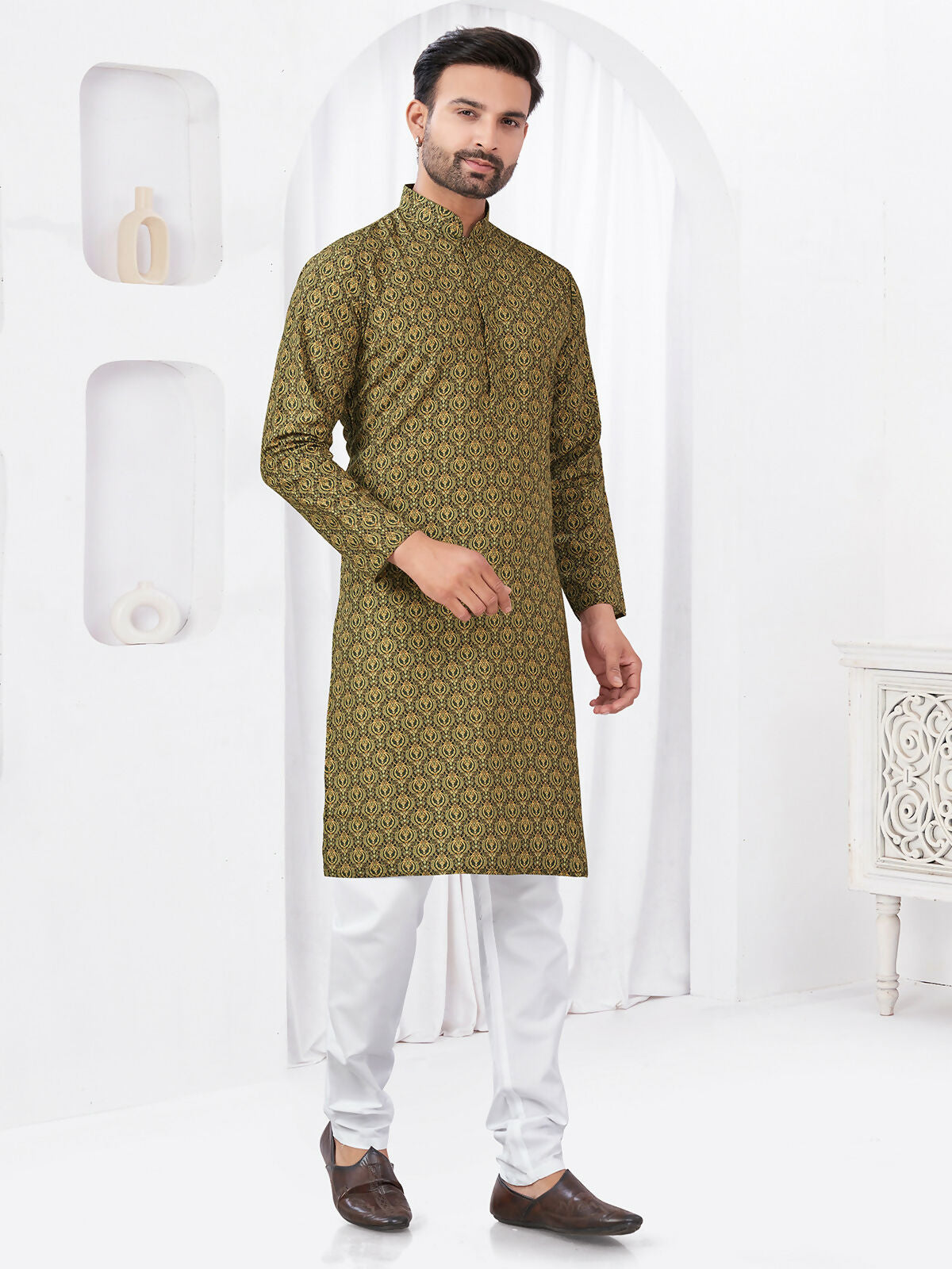 Joban Fashion Men's Rayon Cotton Olive Printed Kurta Pyjama set | Grocsy