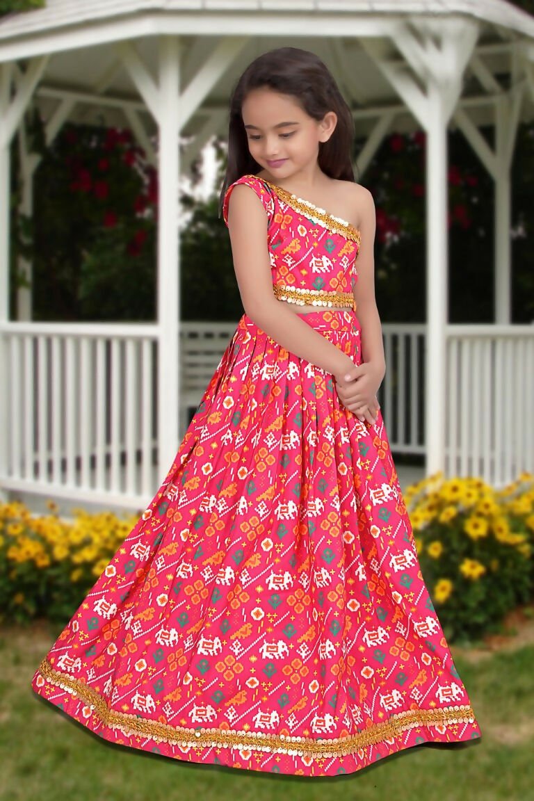 Aayaa Designer Printed Silk Pink Kids Lehenga Choli - Pink | Grocsy