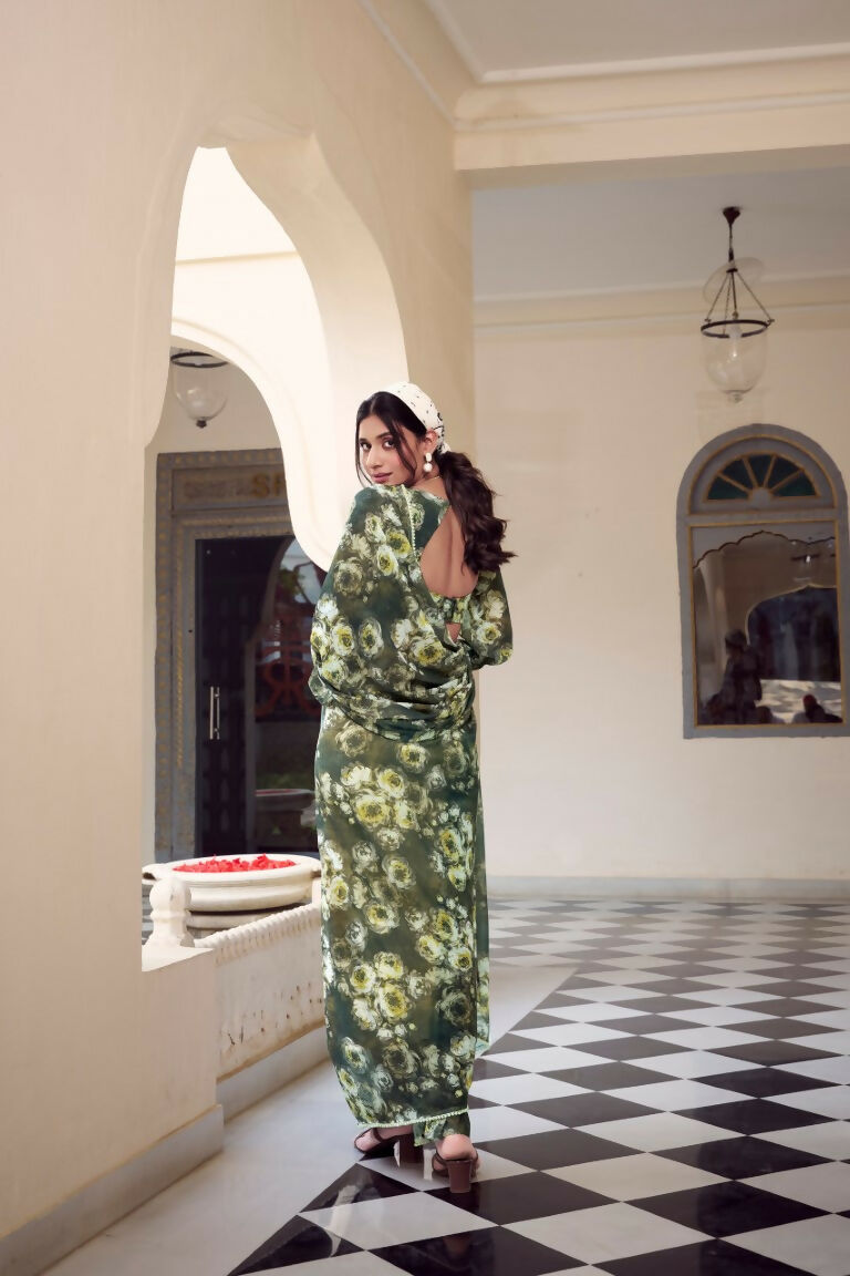 Vastranavya Mehendi Weightless Marble Printed & Pearl Lace Border Saree with Unstitched Blouse | Grocsy