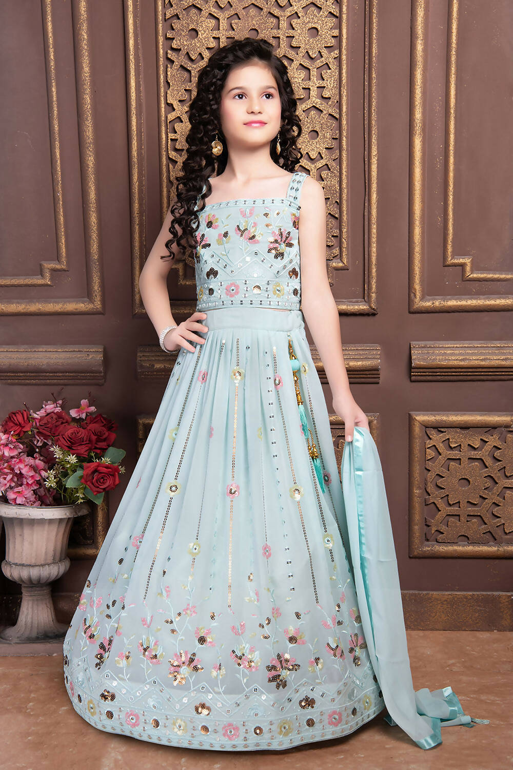 Kids Functional Designer Sky Georgette Lehenga Choli - Aaradhna | Grocsy