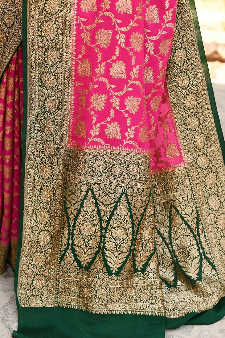 Joban Fashion Pink Crepe Chiffon Pure Handloom Banarasi Silk Saree | Grocsy